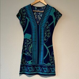 Banana Republic Factory Geometric Blue and Teal Mini V Neck Dress Size Petite XS